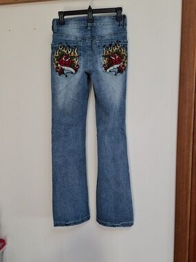 Ninth Hall Alyssia Size 4 Bootcut Rhinestone Flame Rose Tattoo Pockets